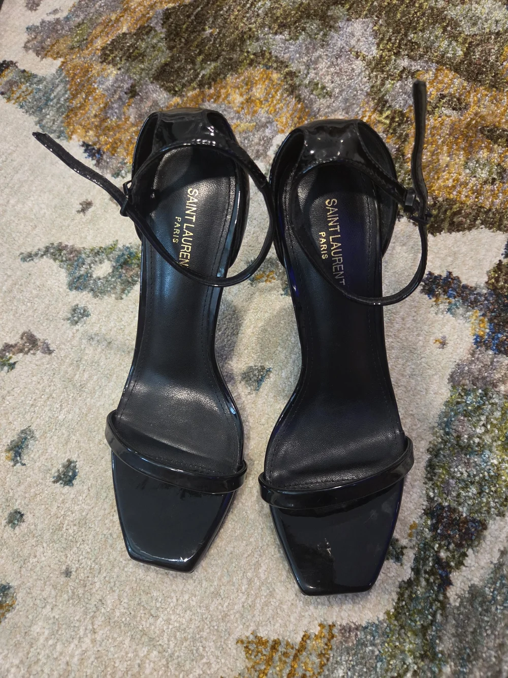 Yves Saint Laurent Black Patent Sandals w/Gold YSL Heels